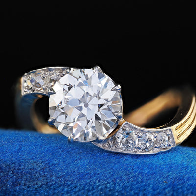 Antique Edwardian French 18K Yellow Gold Old Euro Diamond Engagement Ring - GIA