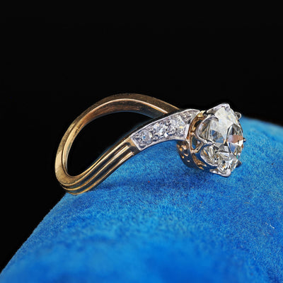 Antique Edwardian French 18K Yellow Gold Old Euro Diamond Engagement Ring - GIA