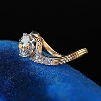 Antique Edwardian French 18K Yellow Gold Old Euro Diamond Engagement Ring - GIA