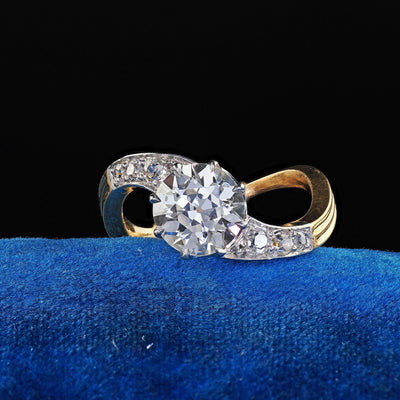 Antique Edwardian French 18K Yellow Gold Old Euro Diamond Engagement Ring - GIA