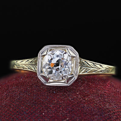 Antique Art Deco 14K Yellow Gold Old European Diamond Filigree Engagement Ring
