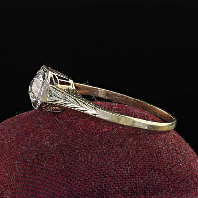 Antique Art Deco 14K Yellow Gold Old European Diamond Filigree Engagement Ring