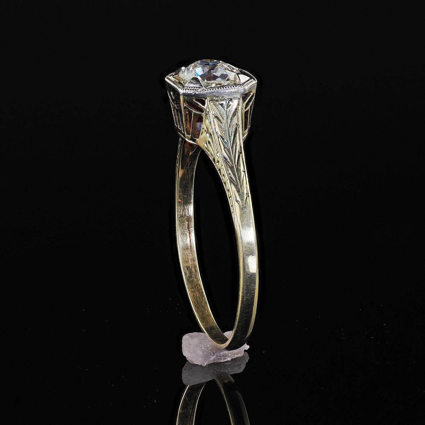 Antique Art Deco 14K Yellow Gold Old European Diamond Filigree Engagement Ring