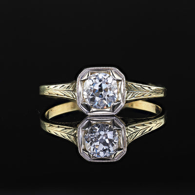 Antique Art Deco 14K Yellow Gold Old European Diamond Filigree Engagement Ring