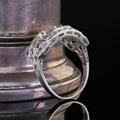 Antique Art Deco Platinum Old Mine Diamond Three Stone Ribbon Motif Ring