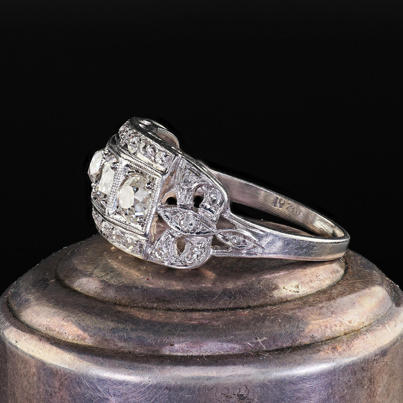 Antique Art Deco Platinum Old Mine Diamond Three Stone Ribbon Motif Ring