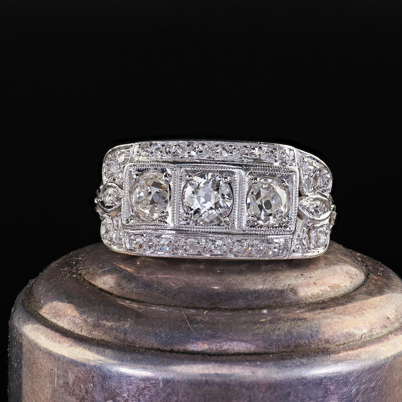 Antique Art Deco Platinum Old Mine Diamond Three Stone Ribbon Motif Ring