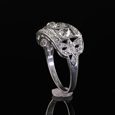 Antique Art Deco Platinum Old Mine Diamond Three Stone Ribbon Motif Ring
