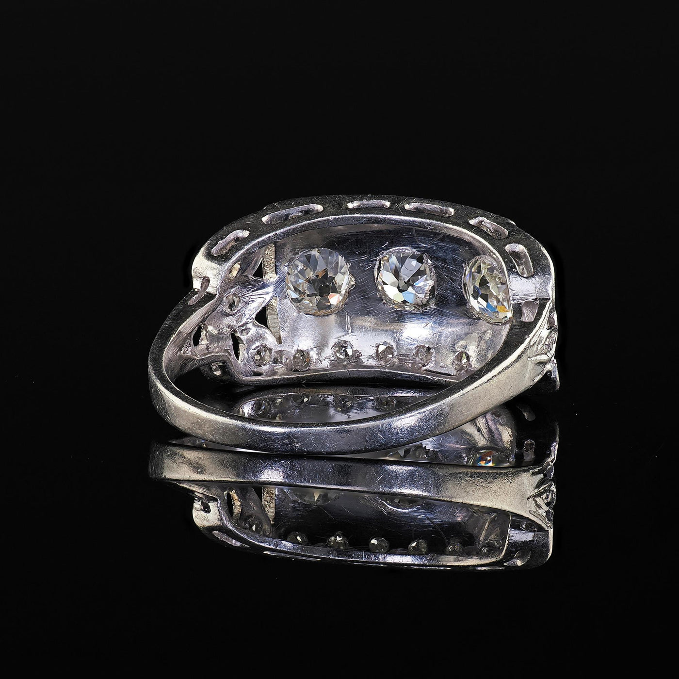 Antique Art Deco Platinum Old Mine Diamond Three Stone Ribbon Motif Ring