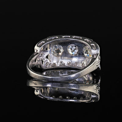 Antique Art Deco Platinum Old Mine Diamond Three Stone Ribbon Motif Ring