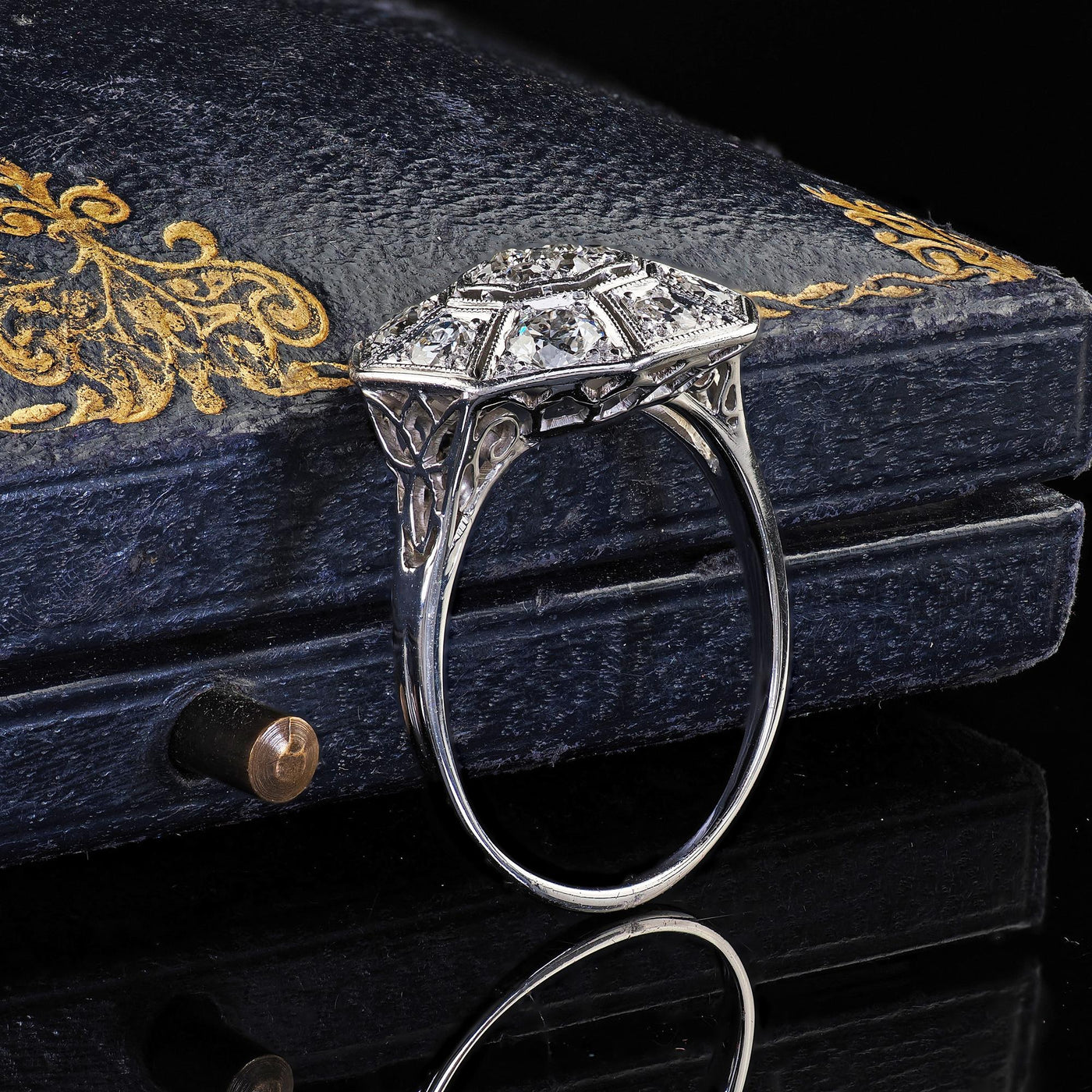 Antique Art Deco 14K White Gold Platinum Old Euro Diamond Octagon Cluster Ring
