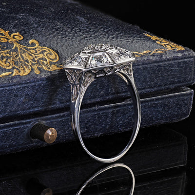 Antique Art Deco 14K White Gold Platinum Old Euro Diamond Octagon Cluster Ring