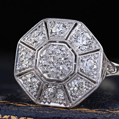Antique Art Deco 14K White Gold Platinum Old Euro Diamond Octagon Cluster Ring