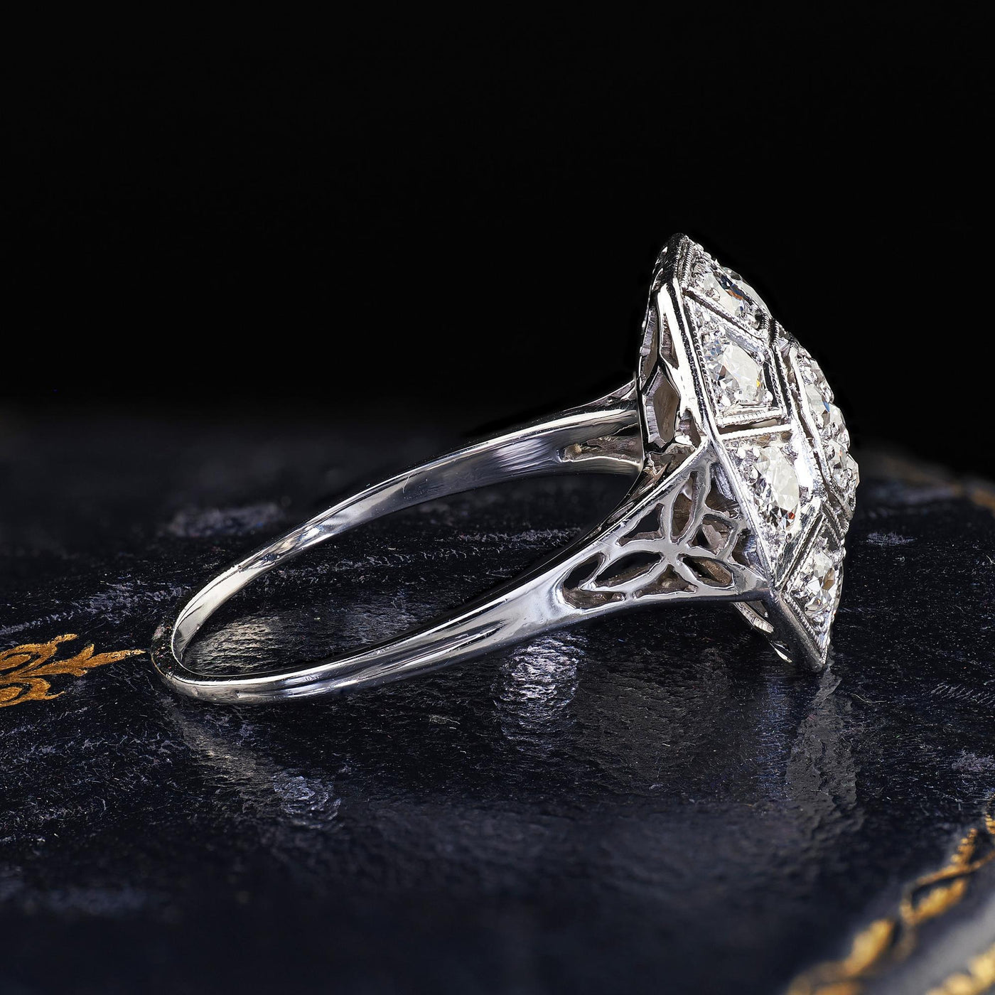 Antique Art Deco 14K White Gold Platinum Old Euro Diamond Octagon Cluster Ring
