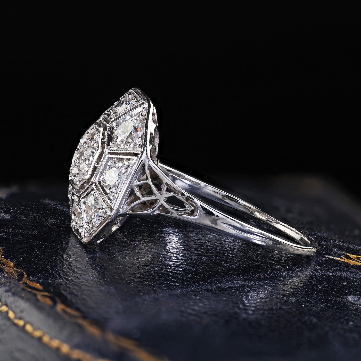 Antique Art Deco 14K White Gold Platinum Old Euro Diamond Octagon Cluster Ring