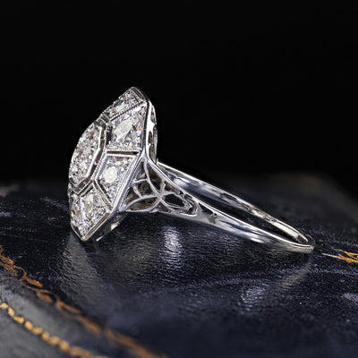 Antique Art Deco 14K White Gold Platinum Old Euro Diamond Octagon Cluster Ring