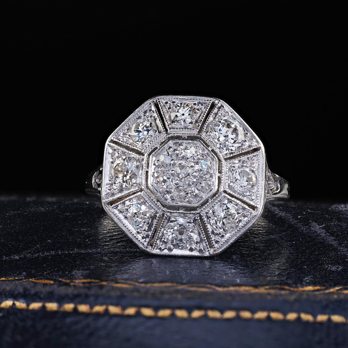 Antique Art Deco 14K White Gold Platinum Old Euro Diamond Octagon Cluster Ring