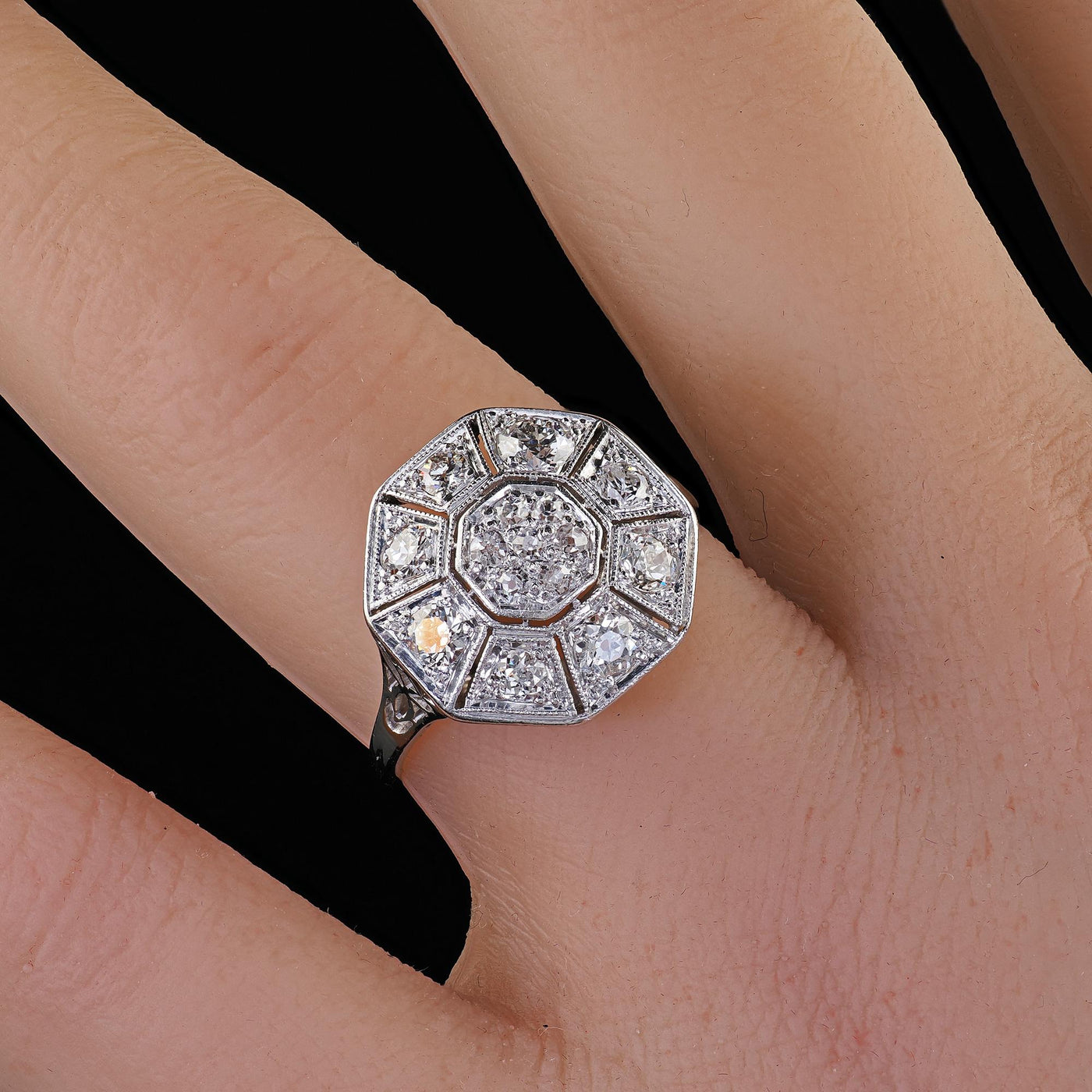Antique Art Deco 14K White Gold Platinum Old Euro Diamond Octagon Cluster Ring