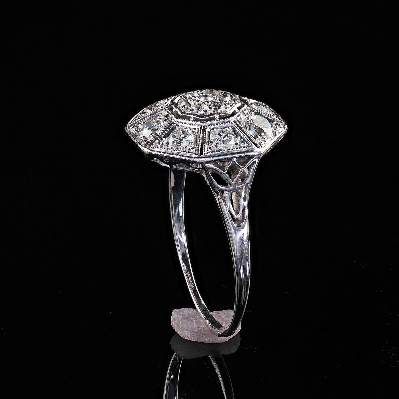 Antique Art Deco 14K White Gold Platinum Old Euro Diamond Octagon Cluster Ring