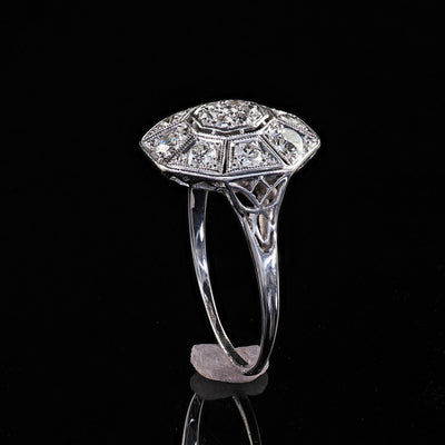 Antique Art Deco 14K White Gold Platinum Old Euro Diamond Octagon Cluster Ring