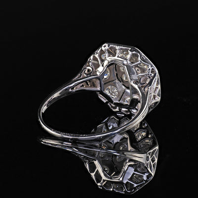 Antique Art Deco 14K White Gold Platinum Old Euro Diamond Octagon Cluster Ring