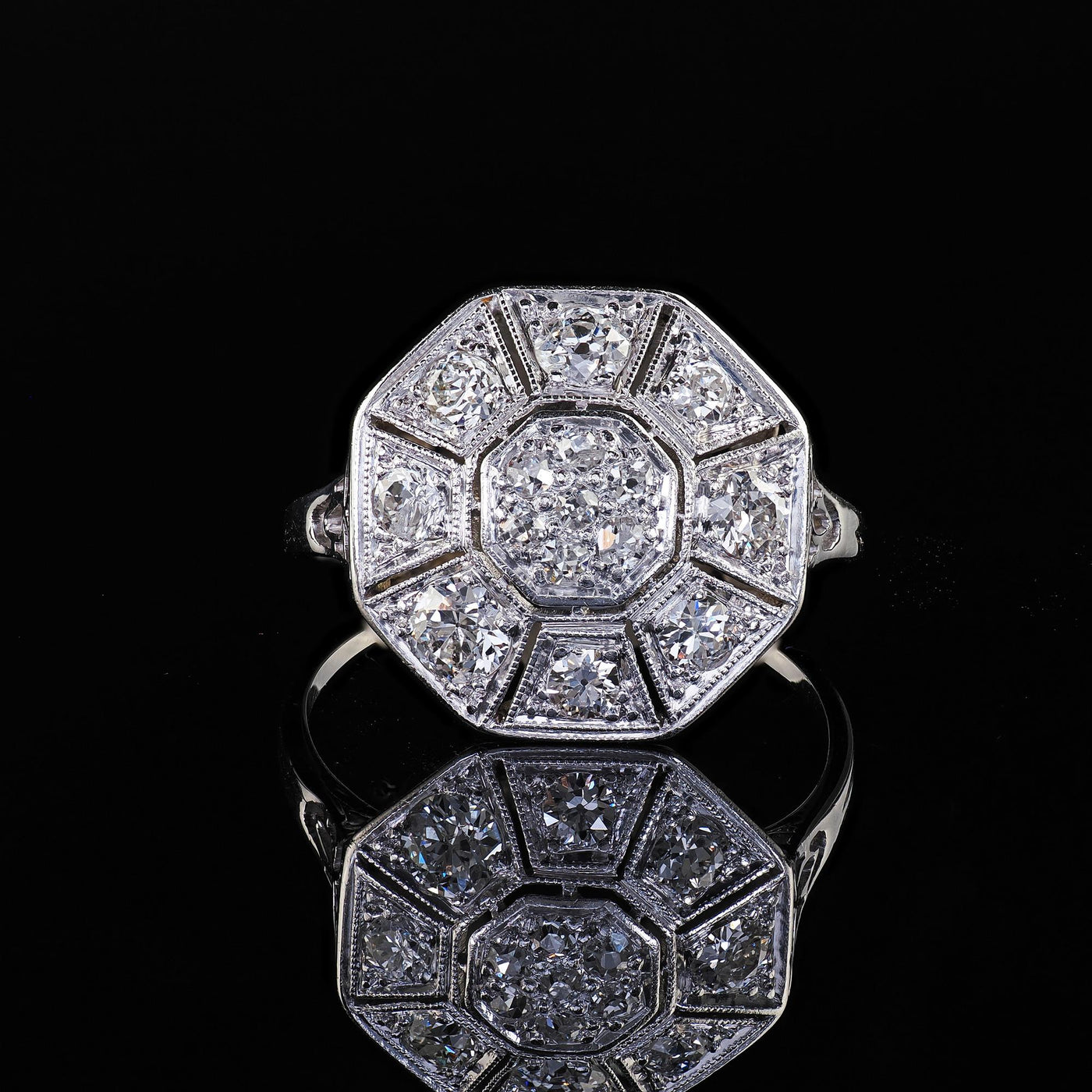 Antique Art Deco 14K White Gold Platinum Old Euro Diamond Octagon Cluster Ring