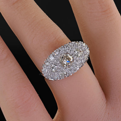 Antique Art Deco 14K White Gold Old European Diamond Cluster Saddle Ring