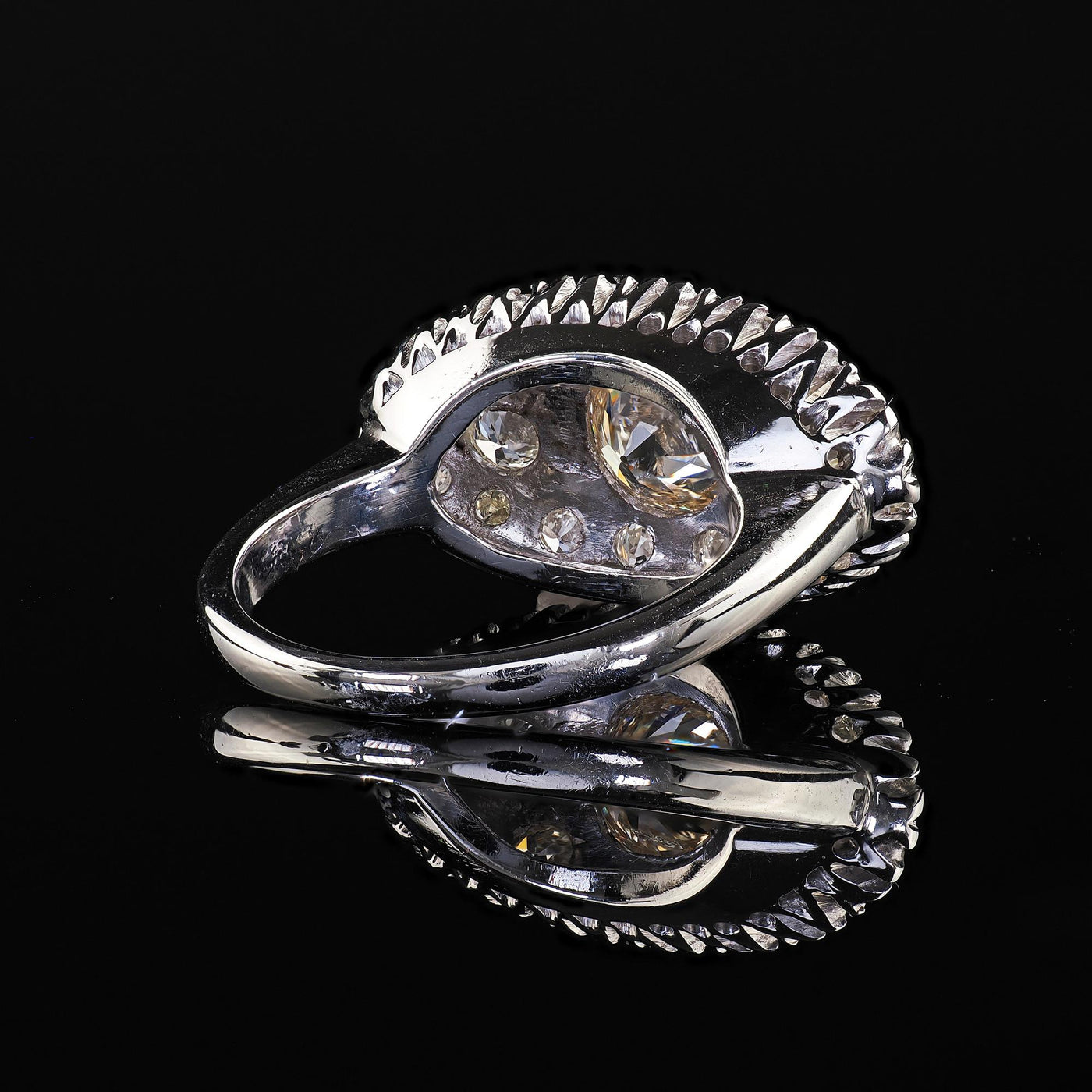 Antique Art Deco 14K White Gold Old European Diamond Cluster Saddle Ring