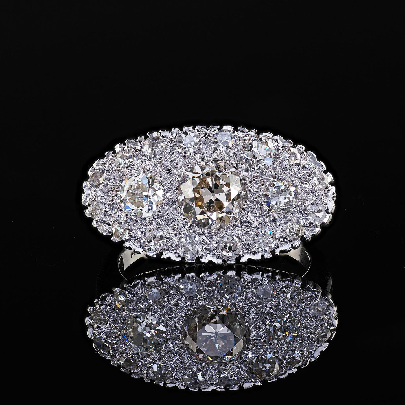 Antique Art Deco 14K White Gold Old European Diamond Cluster Saddle Ring