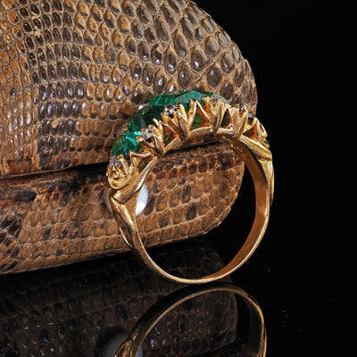 Antique Victorian 20k Yellow Gold Colombian Emerald and Diamond Five Stone Ring