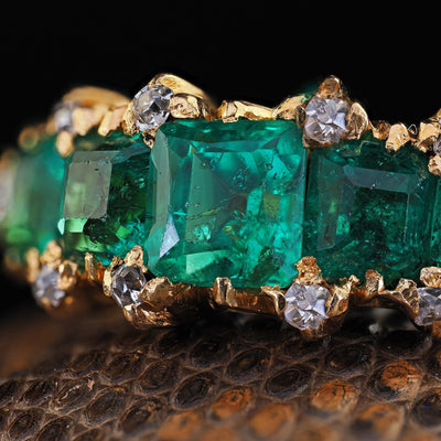 Antique Victorian 20k Yellow Gold Colombian Emerald and Diamond Five Stone Ring