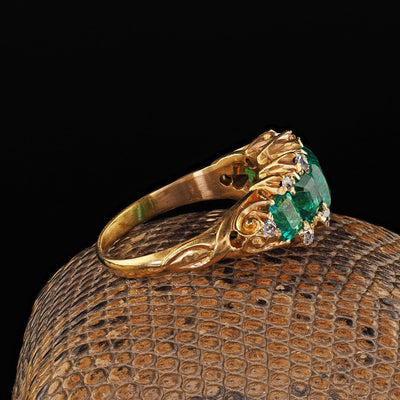 Antique Victorian 20k Yellow Gold Colombian Emerald and Diamond Five Stone Ring