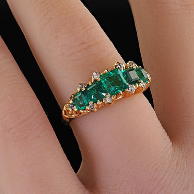 Antique Victorian 20k Yellow Gold Colombian Emerald and Diamond Five Stone Ring