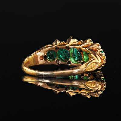 Antique Victorian 20k Yellow Gold Colombian Emerald and Diamond Five Stone Ring