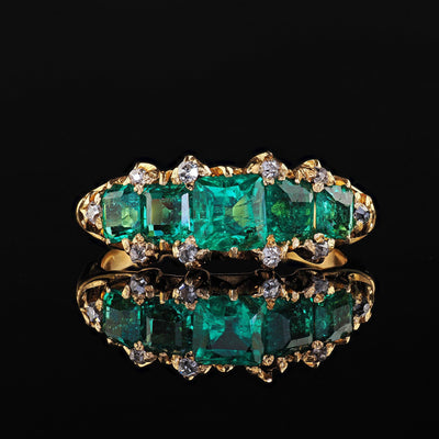 Antique Victorian 20k Yellow Gold Colombian Emerald and Diamond Five Stone Ring