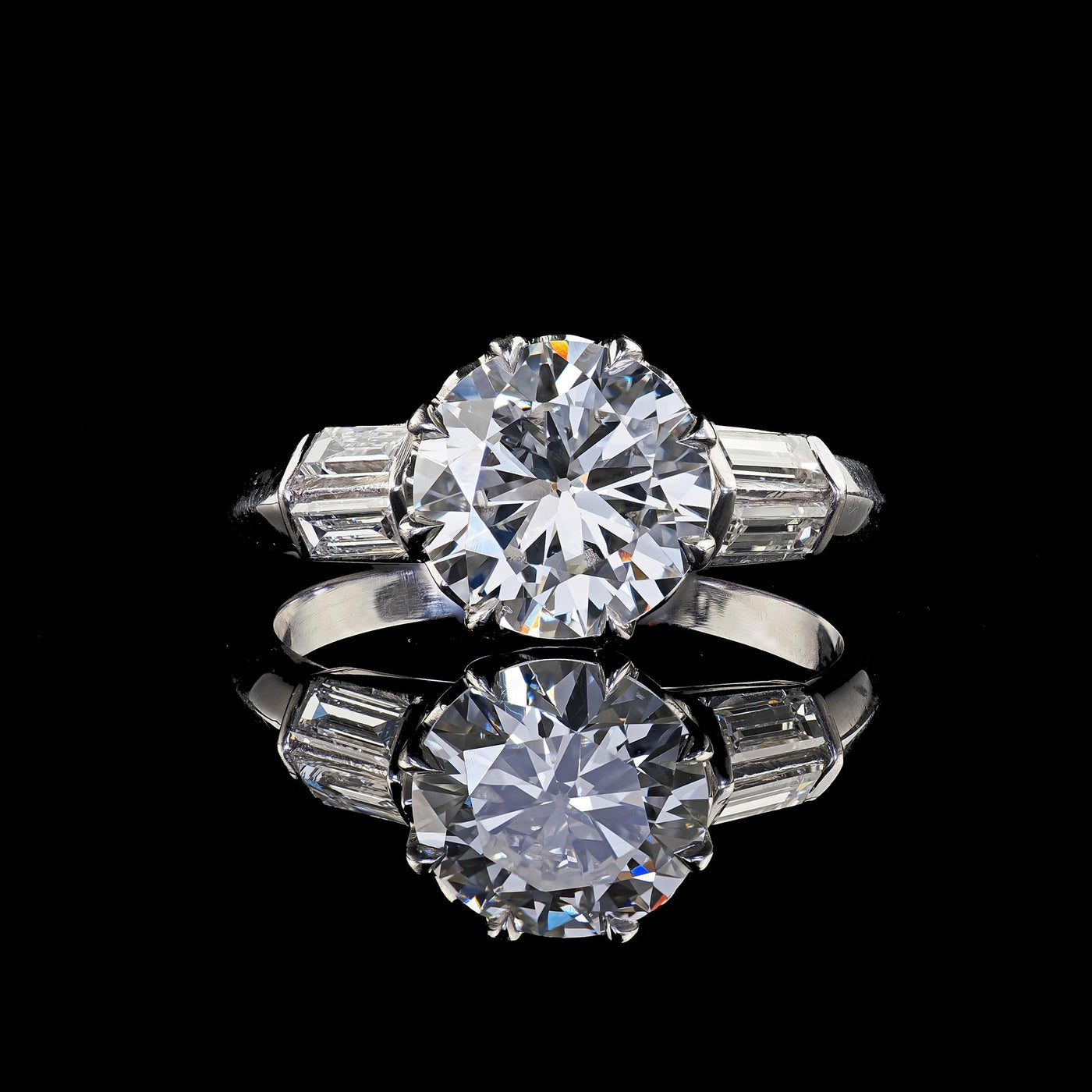 Vintage Retro Platinum Old Cut Diamond and Baguette Engagement Ring - GIA