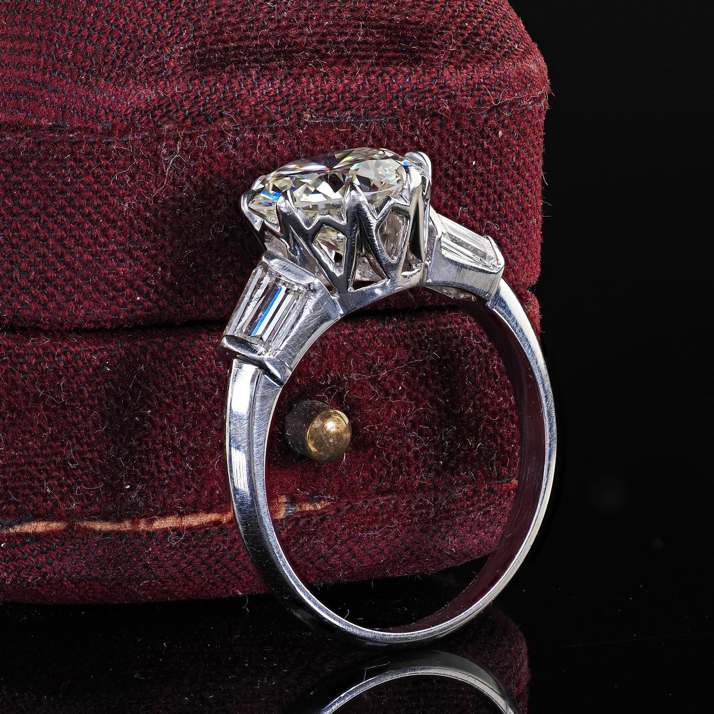 Vintage Retro Platinum Old Cut Diamond and Baguette Engagement Ring - GIA