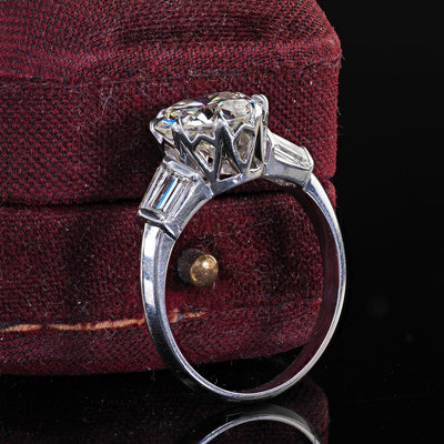 Vintage Retro Platinum Old Cut Diamond and Baguette Engagement Ring - GIA