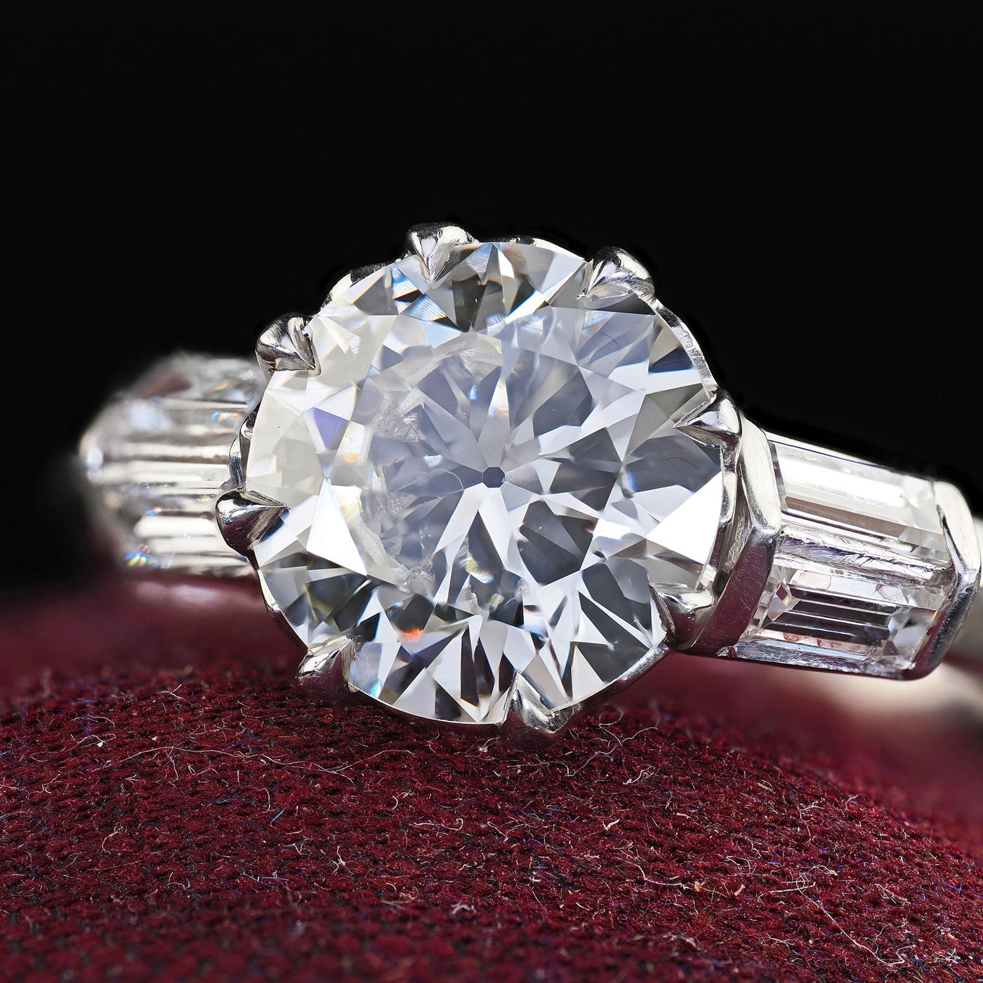 Vintage Retro Platinum Old Cut Diamond and Baguette Engagement Ring - GIA