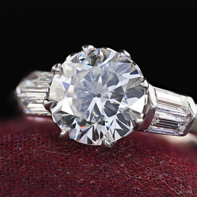 Vintage Retro Platinum Old Cut Diamond and Baguette Engagement Ring - GIA