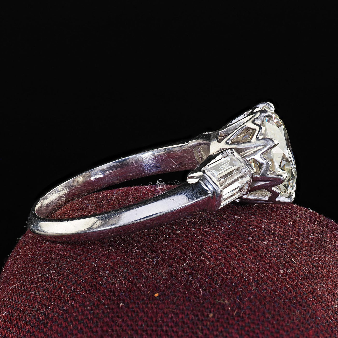 Vintage Retro Platinum Old Cut Diamond and Baguette Engagement Ring - GIA