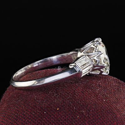 Vintage Retro Platinum Old Cut Diamond and Baguette Engagement Ring - GIA
