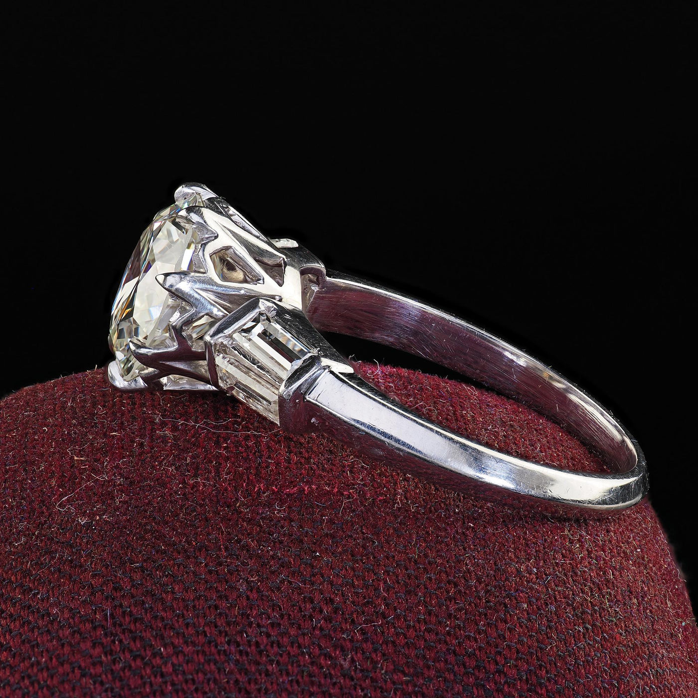 Vintage Retro Platinum Old Cut Diamond and Baguette Engagement Ring - GIA