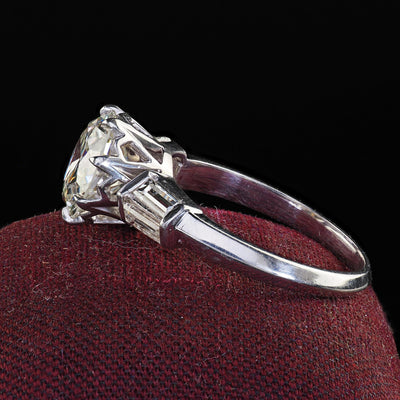 Vintage Retro Platinum Old Cut Diamond and Baguette Engagement Ring - GIA