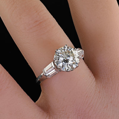 Vintage Retro Platinum Old Cut Diamond and Baguette Engagement Ring - GIA
