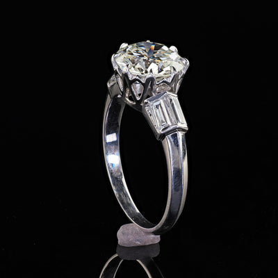 Vintage Retro Platinum Old Cut Diamond and Baguette Engagement Ring - GIA