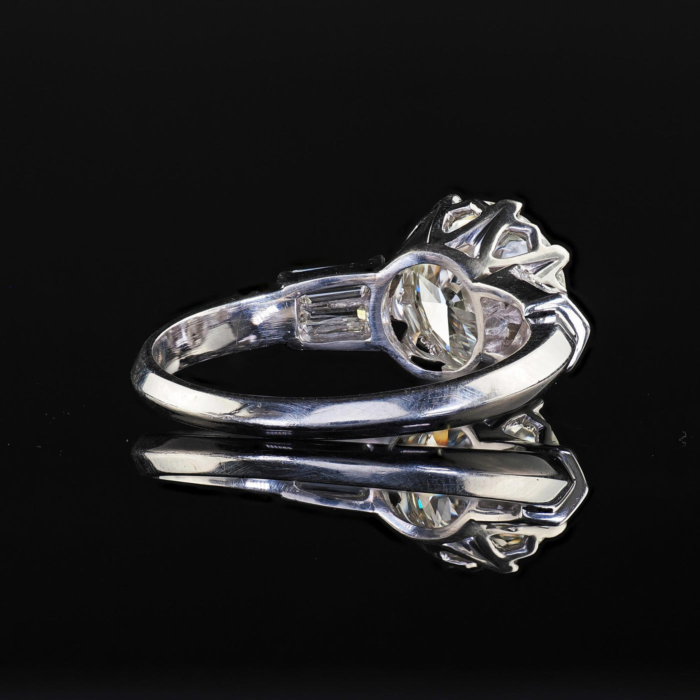 Vintage Retro Platinum Old Cut Diamond and Baguette Engagement Ring - GIA