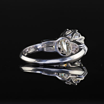 Vintage Retro Platinum Old Cut Diamond and Baguette Engagement Ring - GIA