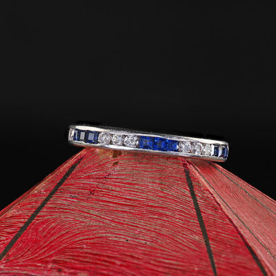 Vintage Retro Platinum Diamond and Sapphire Eternity Wedding Band - Size 6 1/2