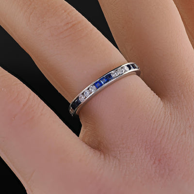 Vintage Retro Platinum Diamond and Sapphire Eternity Wedding Band - Size 6 1/2